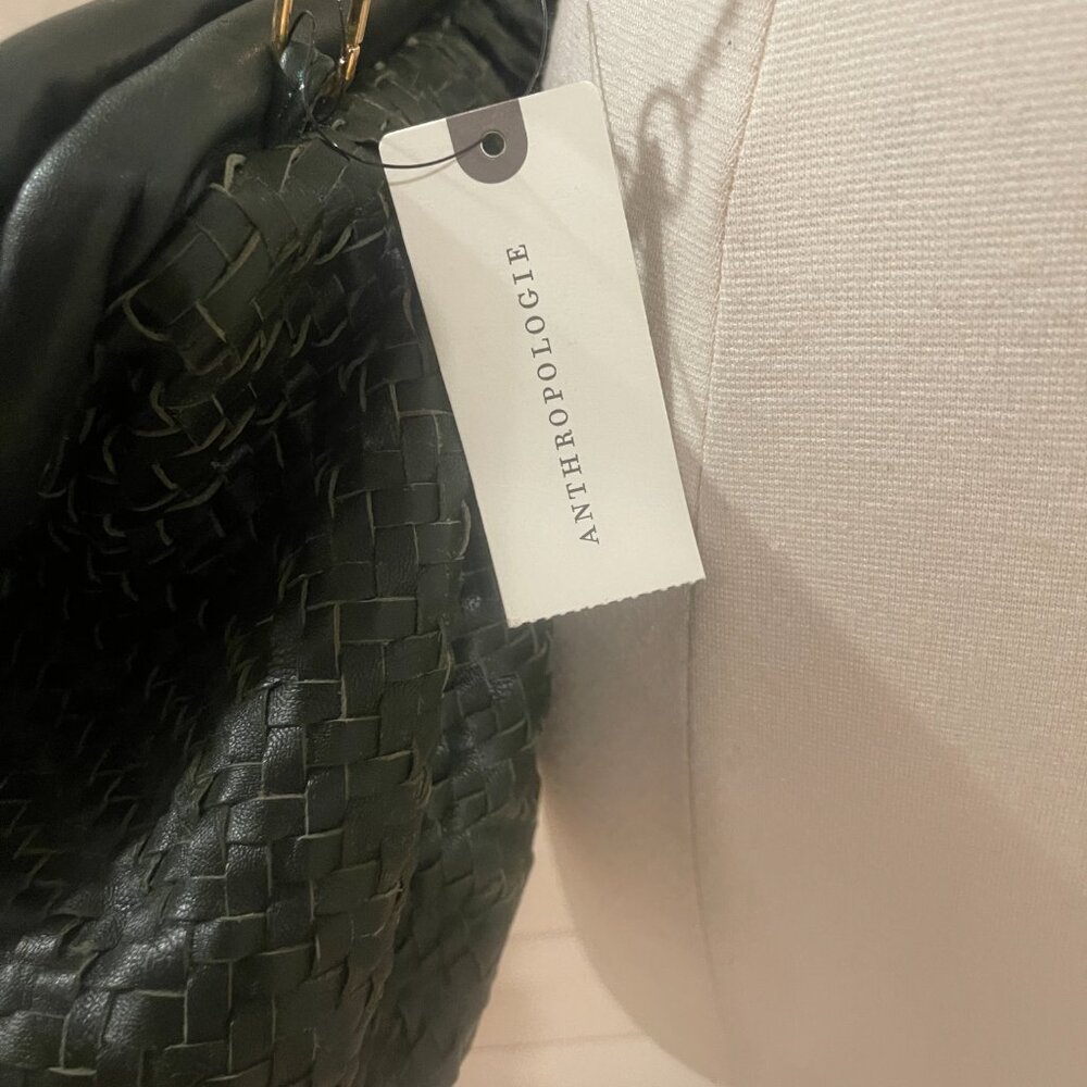 031 Anthropologie Woven Leather Clutch Dark with Chain NWT Emerald Green Leather - Picture 8 of 10